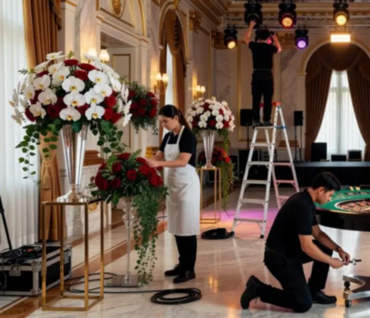 Kulisy przygotowań do luksusowego eventu kasynowego – zespół techniczny i kreatywny przy pracy