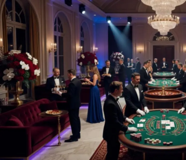 Ekskluzywna gala z motywem kasynowym z eleganckimi stołami do pokera i ruletki