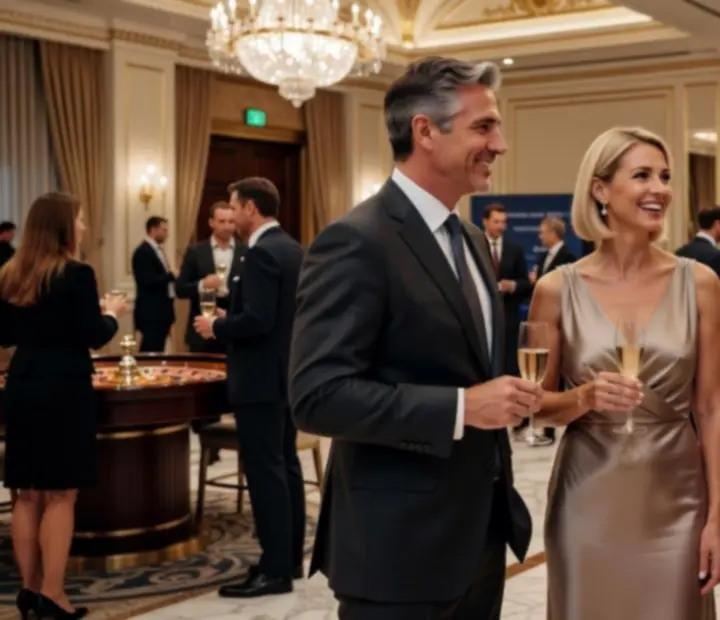 Uśmiechnięci goście i przedstawiciel klienta podczas eleganckiego eventu Poveranovias
