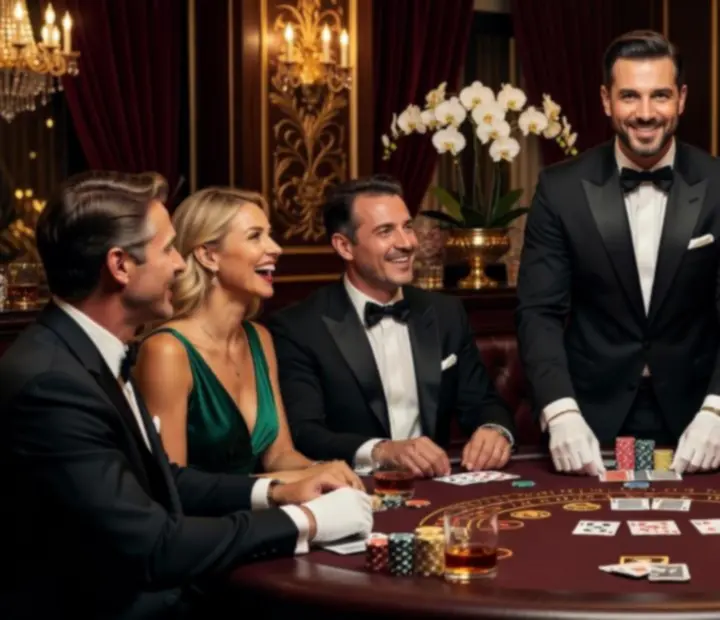 Profesjonalny krupier prowadzący rozgrywkę przy stole blackjacka podczas eleganckiego eventu