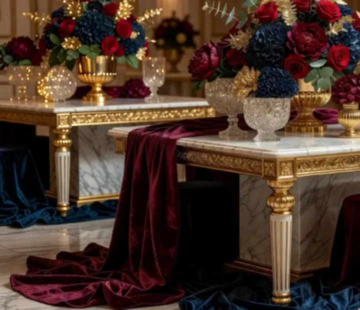 Luksusowe dekoracje eventowe z architektonicznym światłem, marmurem, szkłem i burgundowymi akcentami