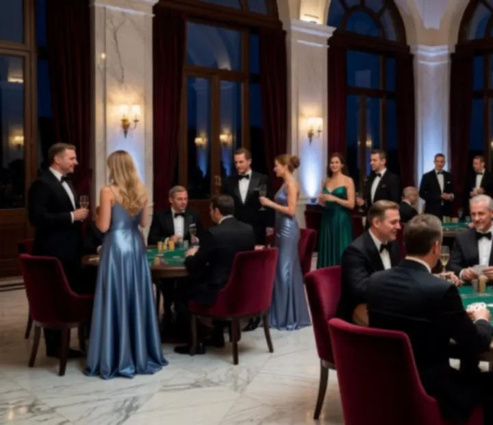 Elegancki event korporacyjny z kasynowymi stołami pokerowymi i blackjackowymi w luksusowej scenerii