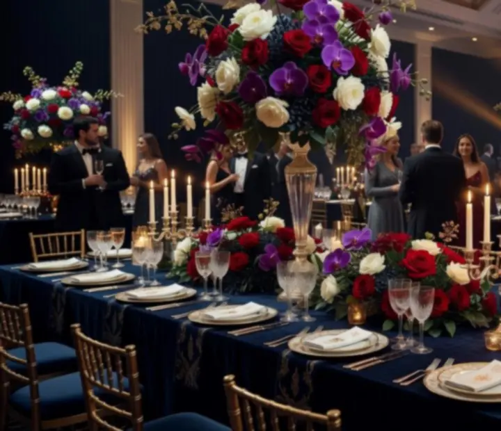 Wykwintna gala firmowa z elegancką aranżacją stołów i sceną